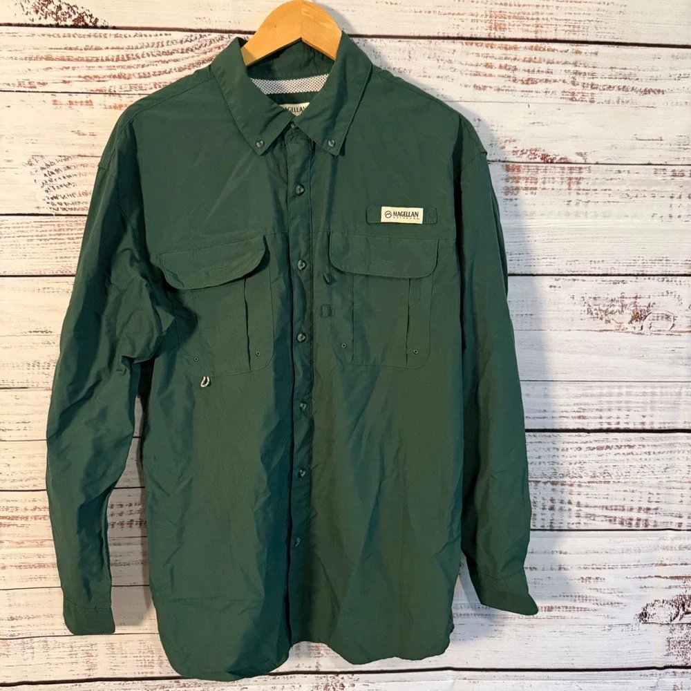 Magellan Outdoors Men M Green Fish Gear Long Sleeve Vented Fishing Shirt Relaxed